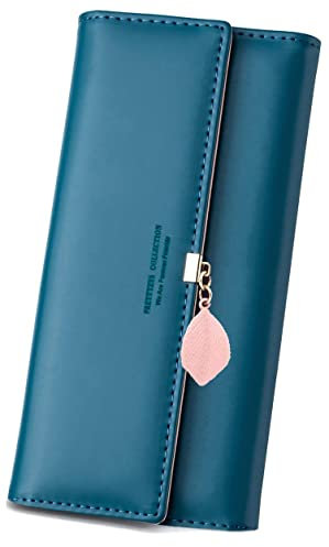 RRANCharltu Portefeuille Femme Longue Porte-Cartes Porte Monnaie Femmes à Glissière avec Feuille Pendentif en PU Cuir, 10 Emplacements Cartes pour Cadeau de Noël Saint-Valentin (Bleu Paon)