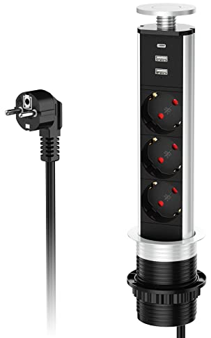 Sewingvr Enchufe retráctil USB C y 2 USB A, 3 enchufes de Mesa retráctiles, para Cocina y Oficina, Cable de 1,8 m, 4000 W/16 A, diámetro de 60 mm