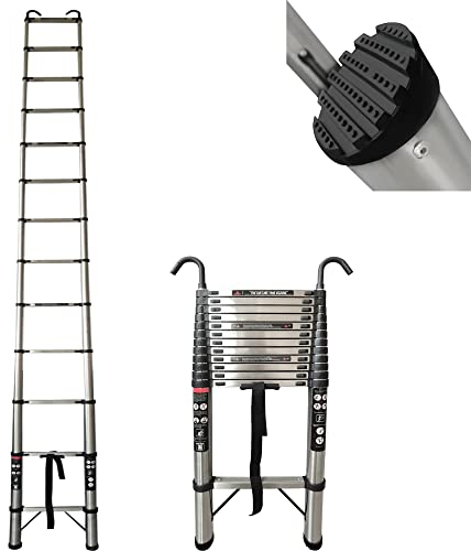 Teleskopleiter Klappleiter 5m Edelstahl mit 2 Haken, 5M Ausziehbare Leiter, Rutschfester Aluleiter Stehleiter Mehrzweckleiter Aluminiumleiter, Teleskop Ausziehleiter 150 kg Belastbarkeit