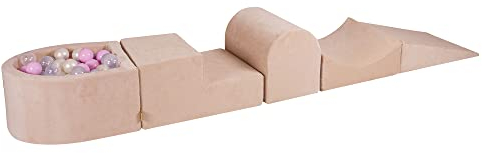 MEOWBABY Schaumstoff Bausteine Kinder - Bausteine XXL aus Schaumstoff mit Bällebad und 100 Bälle für Kinder - Baby Softbausteine zum Klettern, Samt, Ecru