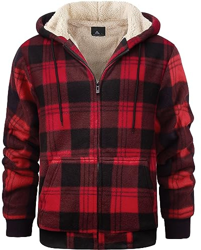 geeksport Veste Polaire Homme à Capuche Sweats Flanelle à Carreaux Zippé Veste Chemise Chaude Doublé Sweat-Shirt avec Poches pour d'automne d'hiver