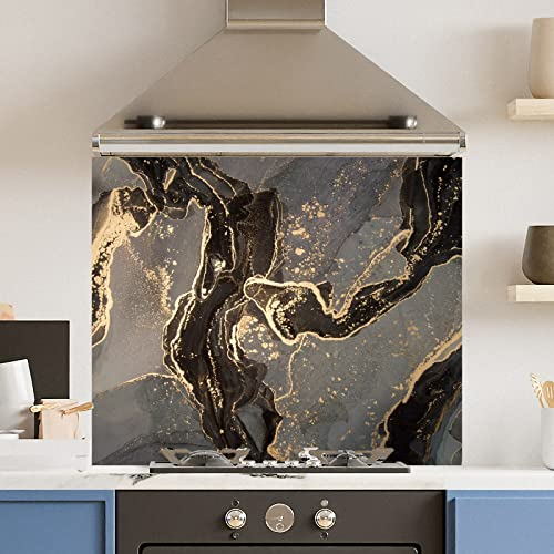 Premium 90 cm x 75 cm Gold Marble Glass 6mm Kitchen Splashback Heat Resistant Toughened Polished Edges - Back Splash Back Coloured Hob Painted Tempered Splashback