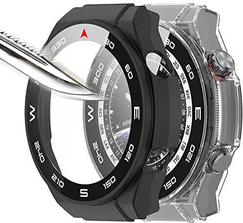 Msiall [2 Piezas] Película Protectora de Pantalla Negro Transparente con Vidrio Templado para,Estuche para PC con dureza 9H, Parachoques,Estuche Protector Completo Delgado para Huawei Watch Ultimate