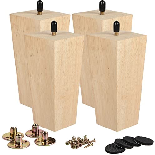 La Vane 8 inch Wooden Furniture Legs, Set of 4 Solid Wood Square Unfinished Mid-Century Modern Replacement Bun Feet with Pre-Drilled M8 Bolt & Mounting Plate & Screws for Couch Sofa Armchair