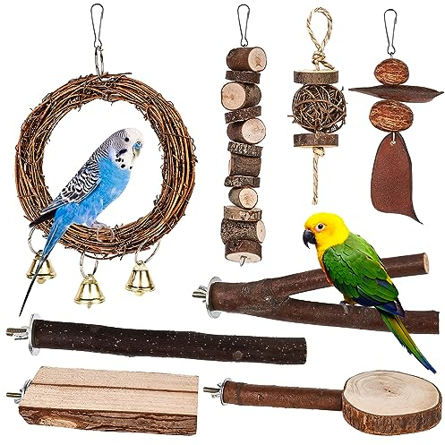 Natur Sitzstangen für Vögel, 8 Stück Vogelkäfig Zubehör, Natur Sitzstangen Set, Sitzstangen für Vogelkäfige, Vogelstange aus Holz, Vogelspielzeug Schaukel für Wellensittich Agaporniden Nymphensittich