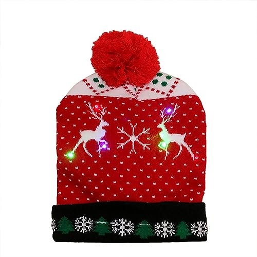 LED Weihnachtsmütze, Leuchtende Strickmütze Bommelmütze Damen Kinder Winter Weihnachten Beanie Mütze mit Weihnachtsbäume Schneemänner Muster Warme Weihnachtsmützen Mütze für Kinder Erwachsene