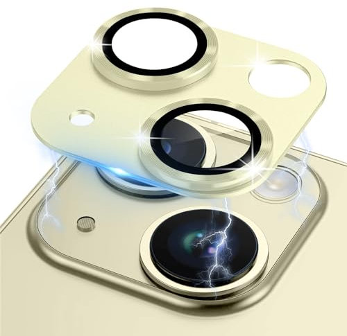 LanQii Protezione Lente Pellicola Compatibile con iPhone 15/iPhone 15 Plus, Telaio Alluminio Vetro Temperato Protezione Fotocamera Posteriore Durezza 9H per iPhone 15/iPhone 15 Plus -Giallo