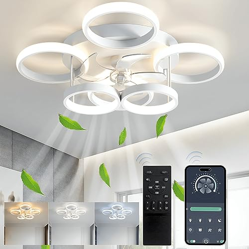 30W Plafoniera con Ventilatore Lampadario con Ventola a Soffitto a LED Dimmerabile con Telecomando e App Lampada Ventilatore da Soffitto Silenziosa Regolazione reversibile a 6 velocità, Timer (Bianco)