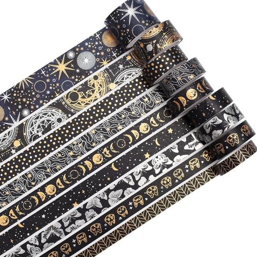 KAVI' S 9 Rollen Niedliche Goldfolie Washi Set Masking Tape Dekoratives Klebeband für DIY-Dekoration und Basteln (Dark Night)