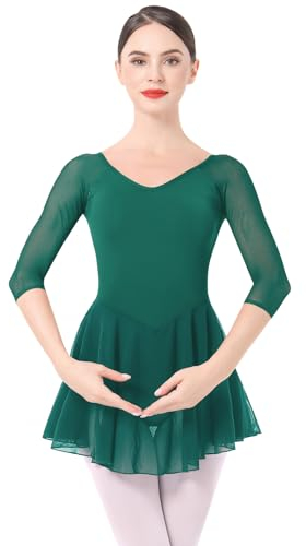 Odizli Ballettkleidung Damen 3/4 Ärmel U Rücken Ballett Trikot Body Bodysuit Tanzbody Tanztrikot Turnanzug Ballerina Gymnastikanzug Chiffon Tütü Ballettrock Ballettkleid Dunkelgrün XL