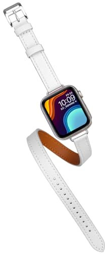 YISIWERA Lederband Kompatibel für Weiß Apple Watch Armband Damen 38mm 40mm 41mm Echtes Leder Doppelter Tour Schlank Uhrenarmband für Apple Watch Series 9/8/SE/7/6/5/4/3/2/1/Ultra
