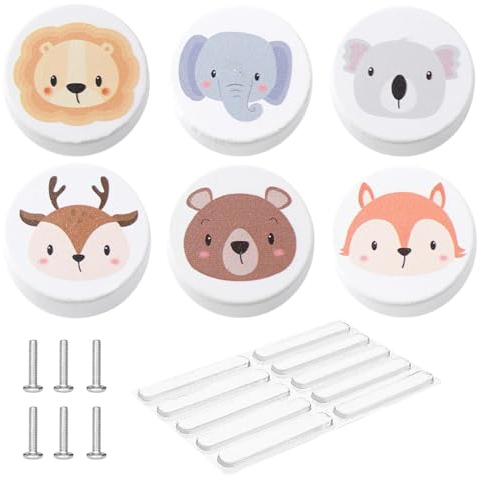 AYNKH Pack of 6 Wooden Cabinet Drawer Knobs with Silicone Door Protectors, 35mm Cartoon Animals Round Handle with Screws for Children's Room Kitchen Bedroom Furniture