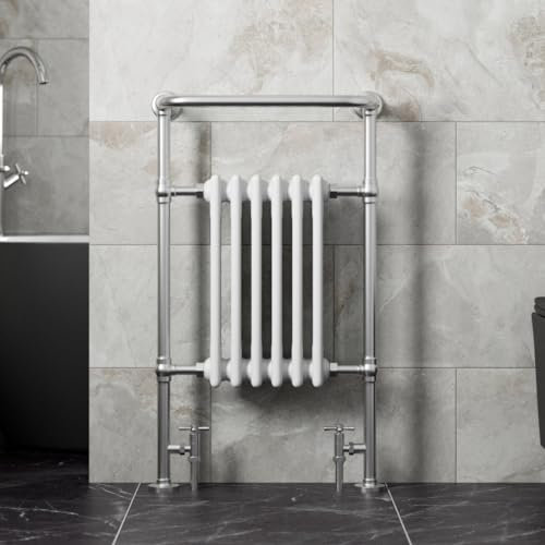 Radiant Living Traditional Bathroom Heated Towel Rail Column Radiator White & Chrome Slim Compact Victorian Style Central Heating Radiator Towel Warmer 952 x 568mm