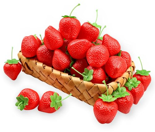 Ikosora 25 Piezas Fresas Falsas, Fresa Roja Artificial, Fruta De Plástico Realista Fresa Decoraciones Fotografía Prop para Centros De Mesa, Fresa Realista Decoración Casa Cocina Fiesta Ornamento