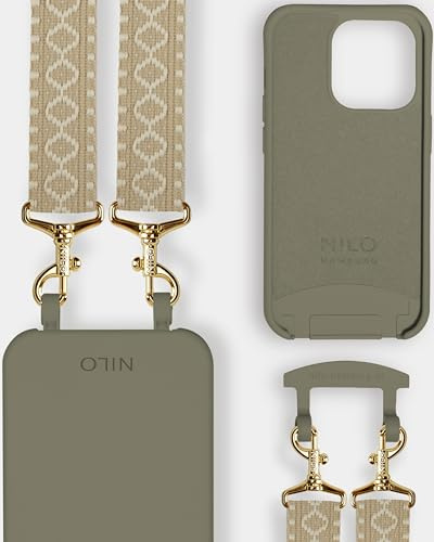 NILO® Set | Handyhülle mit Band, Handyband Beige Berry mit Oliver Handyhülle für iPhone 13 Pro | hochwertige Handykette, verstellbar, mit Karabiner Gold
