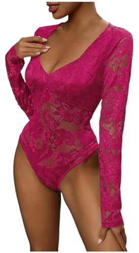 KBOPLEMQ Body da donna sexy in pizzo, elegante, a maniche lunghe, a maniche lunghe, Rosa caldo., XL