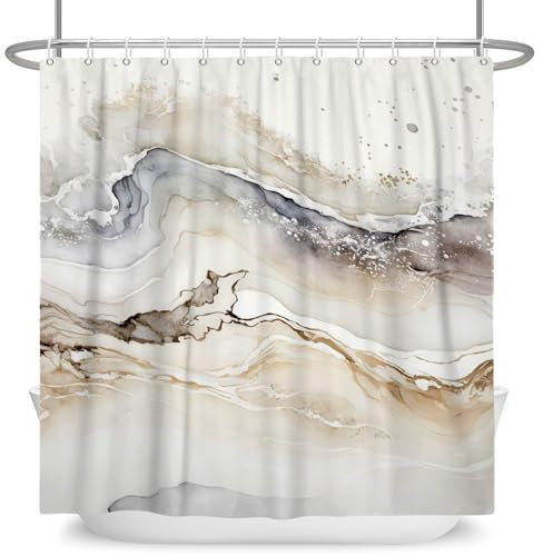 ASDCXZ Marmor Duschvorhang 180x220 cm, Modern Abstrakt Grau Braun Weiß Verlauf Marmor Optik Textur Waschbar Bad Duschvorhänge Polyester Textil Wasserdicht Duschvorhang für Badewanne mit 12 Haken