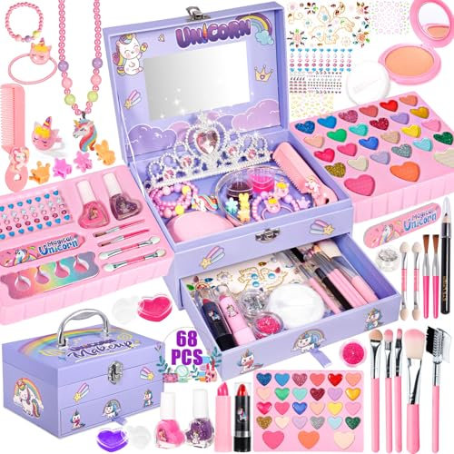 POWLYB Kit de Maquillaje Niñas- 68 PCS Lavable de Maquillaje, Juego de Maquillaje, Regalo de Princesa para Niñas, Juguete de Maquillajepara cumpleaños 3 4 5 6 7 8 9 10 Años