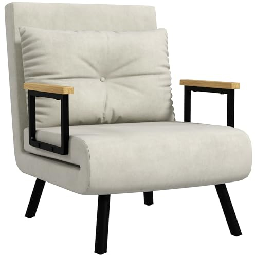 HOMCOM Schlafsofa mit Verstellbarer Rückenlehne in 5 Stufen, Einzelnes klappbares Schlafsofa mit Kissen für das Wohnzimmer, aus gepolstertem Stoff, Stahl und Holz, 63x73x81 cm, Creme