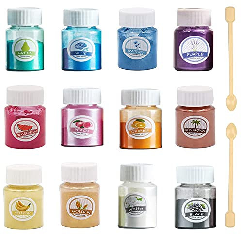 LUCPICT Epoxidharz Farbe, 12er×10g Seifenfarbe Set Mica Pulver, Metallic Farben Pigmentpulver für Epoxidharz, Seifenherstellung, Badebombe, Kerze, Lipgloss, Nagellack, Kunsthandwerk, Schleim
