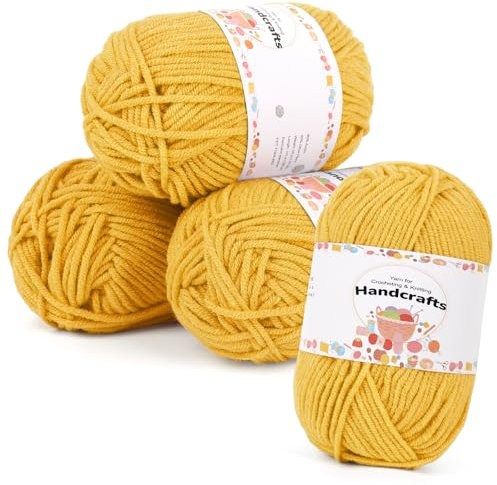 Aeelike 200g(4x50g) Häkelgarn Baumwolle zum Stricken, Langlebige Amigurumi-Set Polyacryl Baumwollgarn, 5Ply Garn zum Häkeln für Socken, Mützen, Schals, Pullover, Puppen,Kurkuma