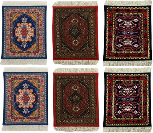 Coasters set of 6 - Non-Slip Rubber back (2.5 mm) for Coffee Mugs - Persian Rug Style Printed Pattern Coffee Set Accessories - Coaster Set (9 x 11cm) (Navy Ruby Multi1) non-woven