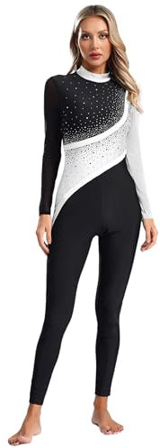 Fldy Damen Ganzkörper Turnanzug Langarm Glitzer Farbblock Patchwork Ganzkörperanzug Gymnastik Tanztrikot Mit Strass Eiskunstlauf Tanzkostüm Weiß S