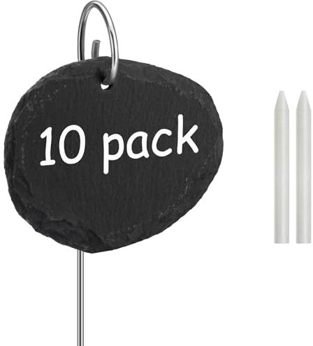 Poeland Schiefer-Pflanzschilder | Witterungsbeständig, Wiederverwendbar | 10er Set Schilder aus Schiefer mit Metallstab Oval