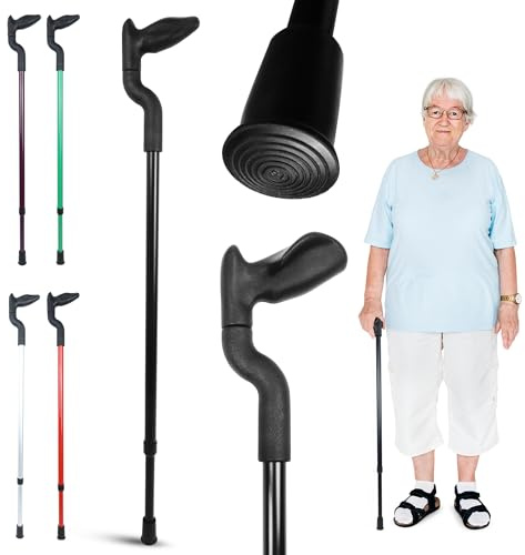 Gehstock Orthopädisch mit anatomischem Griff für Herren und Damen, 9-stufig verstellbar, Mobilitätshilfe Spazierstock ergonomisch für Senioren, medizinischer Handgriff (Rot, Standard, Rechts)