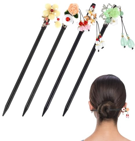 4 Stück Japanische Haarnadel, Haarstäbchen Naturholz-Haarnadeln mit Blumenmuster und Quasten für Hochzeit Cosplay oder Alltag, Elegante Frisurenaccessoires im Traditionellen Chinesischen Design