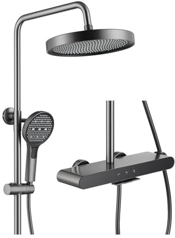 SWHC Columna Ducha, Gris Conjunto Ducha Montaje en Pared Set de Ducha 3 Funciones con Alcachofa de Ducha Redondo, Cabezal de Ducha de Mano 3 Modos, Caño de Bañera en Cascada