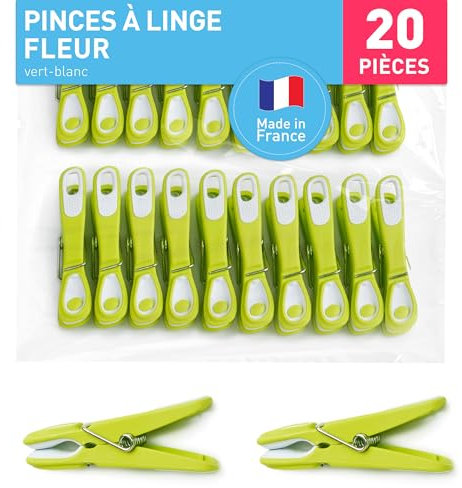culiclean Pince a Linge Fleur – Pinces à Linge – Epingle a Linge – Fabriqué en France – 80mm x 15mm – éco-Vert – Lot de 20 Pièces