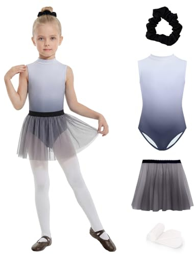 JiAmy Mädchen Tanz Set Farbverlauf Tüllrock Haarreif 4-5 Jahre, Lila | Größe 110, 86% Polyester 14% Elasthan, 4-teilig, Strumpfhose, Tüllrock, Stretchstoff, Rückenöffnung, Ballettunterricht