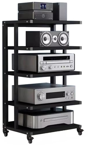 Wzmazingly 4/5/6-stufiger HiFi Regal Audio Rack, Mobiles Audiokomponenten-Rack, Plattenspieler Regal, Plattenspieler-Schrank Für DVD-Player TV-Box Spielkonsole(Black,5-Tier)