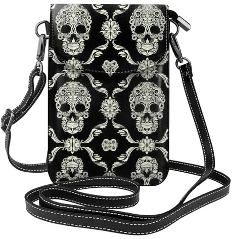 RRhgipp Umhängetasche für Damen, Motiv: Totenkopf, Ornament, klein, PU-Leder, Schultertasche, Handtasche, Handy-Tasche