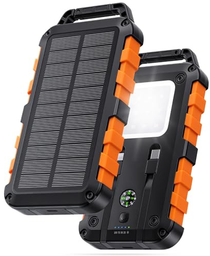 Solar Power Bank 10000mAh, Dual Cables, 22.5W USB-C PD Charger | Solar charging, waterproof design, LED flashlight, portable backup battery for phones, tablets