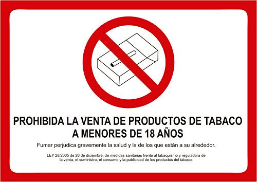 Cartel Prohibida la Venta de Tabaco a Menores de Edad 29x21cm | Para Establecimientos | Prohibido fumar Ley Reguladora | Fabricado en Vinilo Adhesivo Para Establecimientos