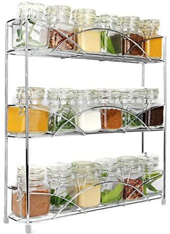 Maison & White 3-Tier Chrome Spice Rack – Freestanding Herb & Spice Jar Organizer Holding 18 Bottles – Kitchen & Pantry Storage with Non-Slip Shelves