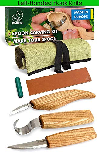 BeaverCraft Juego de Herramientas de Tallado de Madera S13L para Tallar Cucharas 3 Cuchillos en Herramientas Rollo de Cuero y Compuesto para Pulir Cuchillo de Detalle para Zurdos para Tallar Cucharas