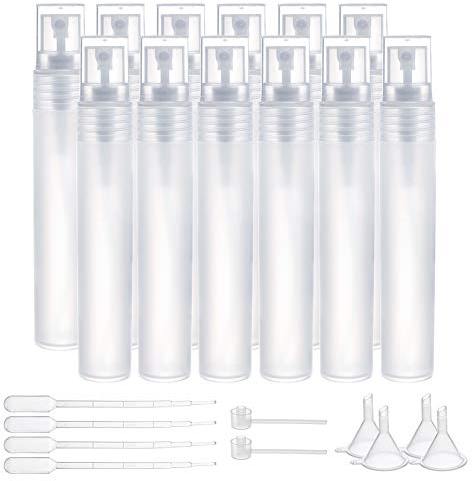 BENECREAT 12 Pack 20ml Botella de Plástico Esmerilada Vacía de Aerosol de Niebla Rellenable con 4 Embudos, 4 Pipetas, y 2 Bombas de Plástico para Aceites Esenciales, Productos de Belleza Orgánicos