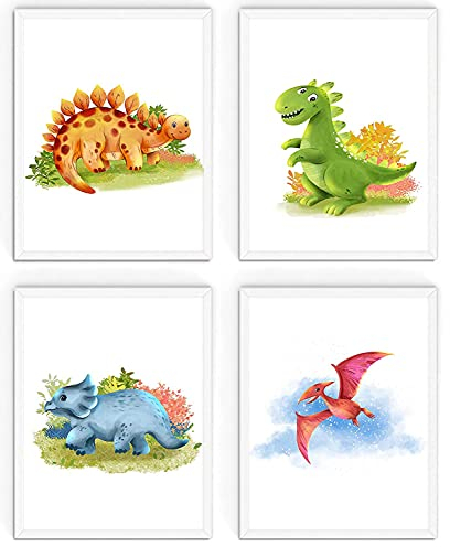 WIETRE® 4er Set Bilder Dinosaurier Kinderzimmer Babyzimmer Deko | Bild Junge Mädchen Poster DIN A4 | Dinos T-Rex Tiere (mit weiße Rahmen)