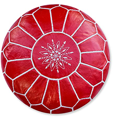 Poufs&Pillows Premium Echt Leder Pouf - Handgefertigt - Gefüllt geliefert - Ottoman, Sitzsack, Fußhocker (Rot)
