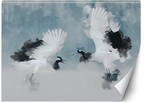 Feeby Vlies Fototapete Reiher Natur Tiere Vögel 300x210 cm Weiß Wanddeko Inklusive Kleister Hotel Spa Büro Wohnzimmer Schlafzimmer Flur Wolken Aquarell