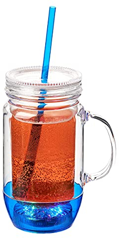 1 Blue LED Drinking Glass with Straw Plastic Glasses Mason Jars with Lids and Straws Smoothie Cup Tumbler with Straw and Lid Slushie Cup Mason Jars with Handles Light Up Glasses Drinking