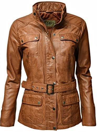 Zimmert Leather Sportliche Damen Lederjacke Bruni mit Umschlagkragen und Gürtel in Braun Schwarz washed echt Leder (44, Cognac)