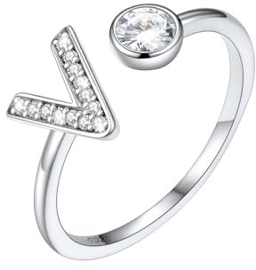 SILVERCUTE Damen Mädchen Statement Ring Buchstabe V 925er Silber Initiale Offener Ring mit Zirkonia verstellbar Fingerring Schmuck für Weihnachten Valentinstag