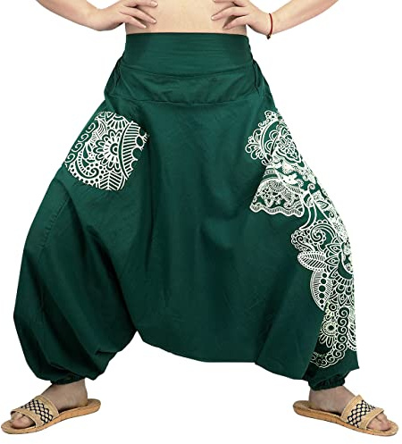 CoolChange Weite Aladinhose | Haremshose mit Tasche | Pluderhose mit indischem Muster | Pumphose mit breitem Bund | Unisex | Braun | Baumwolle | Größen: S/M L/XL