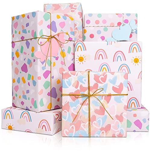 Larcenciel Geschenkpapier 4 Blatt, Regenbogen/Polka Dots/Herzmuster Geschenkpapier mit Geschenkanhänger, Buntes Gefaltetes Papier, Geschenkverpackung für Geburtstag, Baby Shower (70 x 50 cm)