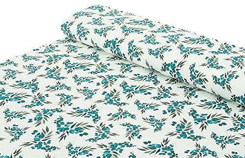 Baumwoll - Jersey Stoff Blumen Blätter Zweige petrol - Meterware ab 25 cm x 145 cm - Stoff zum Nähen