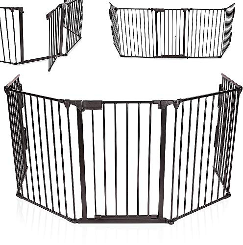 Kaminschutzgitter mit Tür Metall Ofenschutzgitter Laufgitter Laufstall Absperrgitter Tierschutzgitter Türschutzgitter für Kinder-Sicherung, 5 Elemente, 310 * 2,5 * 75 cm Schwarz
